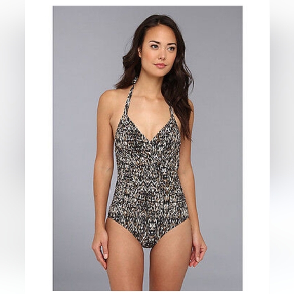 Badgley Mischka wrap halter one piece tankini swimsuit - 10 - brown/black - Picture 7 of 8